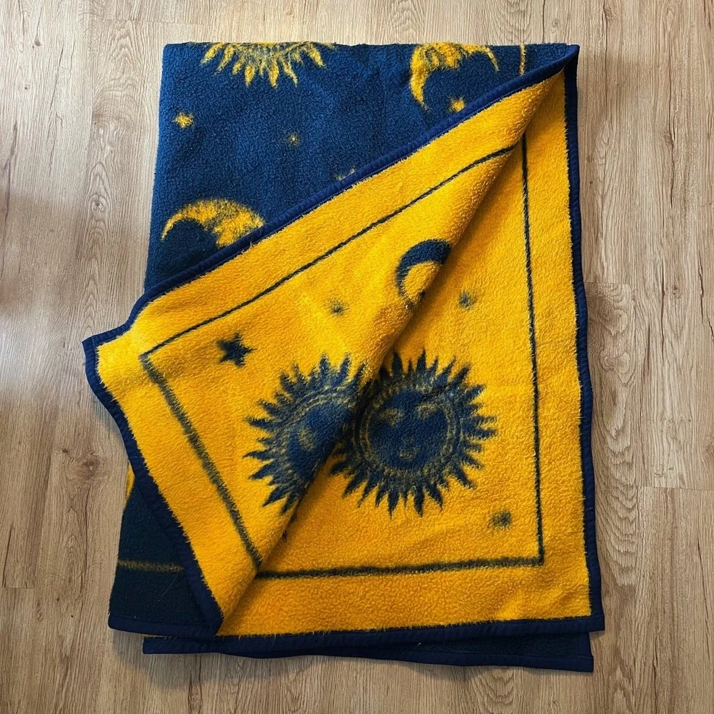 VTG Biederlack Celestial Throw Blanket Sun Moon Stars Blue Yellow USA 54x74